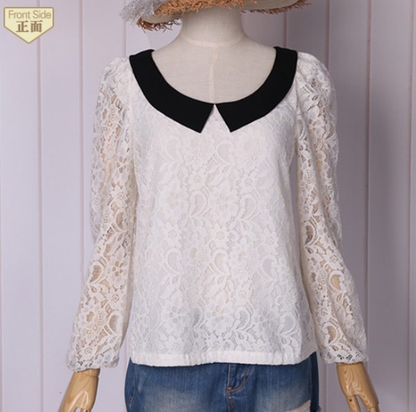 White lace women blouses with black collar